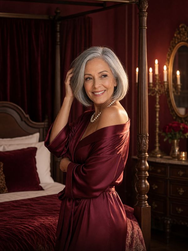 Margot Hale in a candlelit boudoir with a four-poster bed, wine silk robe slipping off one shoulder, pearl necklace